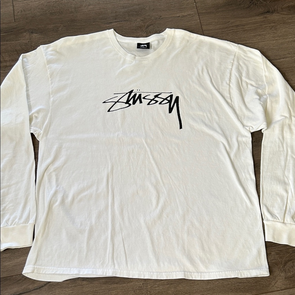 Stussy White Long Sleeve Tee with Black Logo